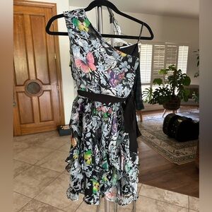 MM Couture By Miss Me Over the Shoulder Floral & Butterfly Print Mini Dress